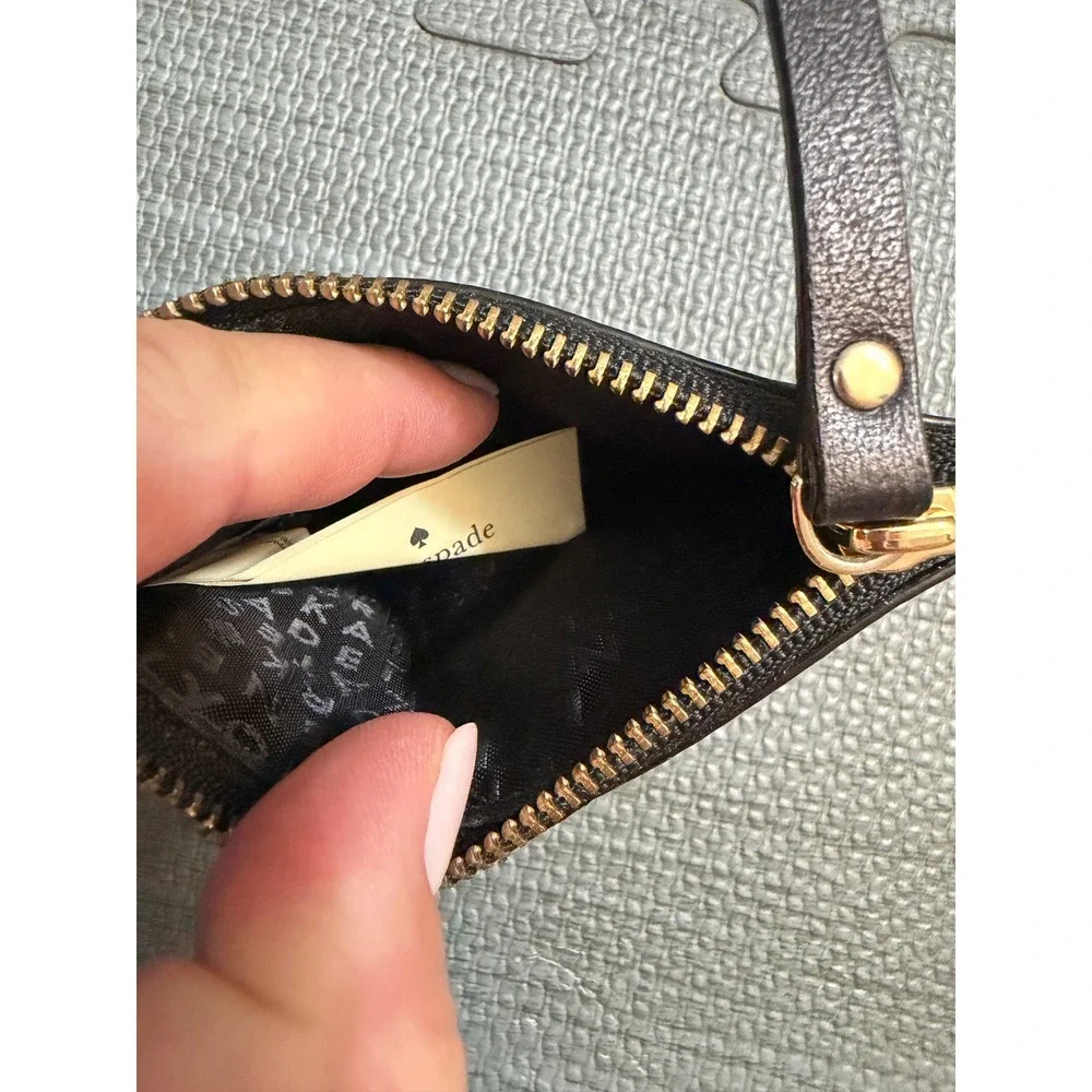 Kate Spade New York Black Purple Glitter Leather Card Holder Zip Wallet Slim